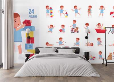 Toddler child, little boy playing with toys character set, pose sequences. Cute healthy baby 12 to 36 months wearing blue tee shirt, diaper. Full length, different views, gestures, emotions, positions Wall mural