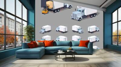 White truck refrigerator. 3D lowpoly isometric vector illustration. The set of objects isolated against the grey background and shown from different sides Wall mural