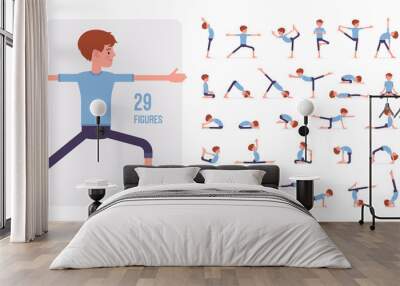 Young sporty yogi man practicing yoga character set, pose sequences. Healthy fit guy doing physical workout for mind and body exercise. Full length, different views, gestures, emotions, positions Wall mural