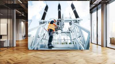 adult electrical engineer inspect the electrical systems at the equipment control cabinet. installat Wall mural