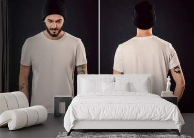 White t-shirt on a young man isolated, front and back Wall mural