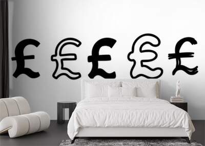 Sketched currency money finance sign icons Pound Sterling. Vector illustration in hand drawn cartoon doodle style isolated on white background. For typography, decorating. Wall mural