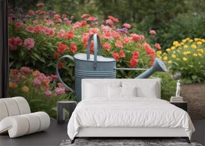 A charming watering can filled with pink flowers sits among vibrant green plants in a serene garden during late spring Wall mural