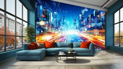 A cityscape with a bright blue sky and a red and blue streak of light Wall mural