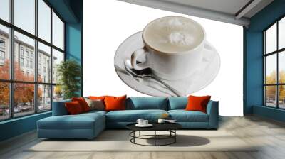 A cup of coffee with foam on a napkin with a spoon in a white saucer on a white isolated background Wall mural