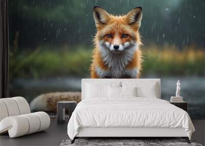 A Fox's Rainy Reprieve: Reflective Moment Amid Nature's Symphony Wall mural