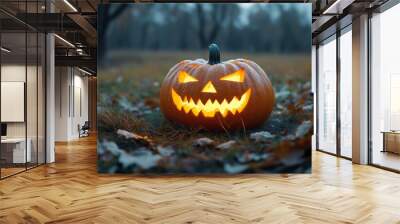 A glowing jack-o'-lantern illuminates a dark forest path on a crisp autumn evening under a fading twilight sky Wall mural