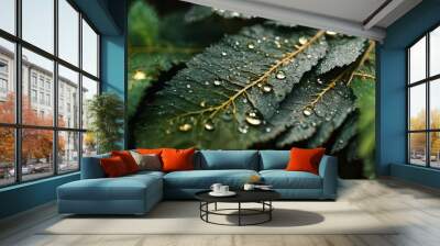 A leaf with water droplets on it Wall mural