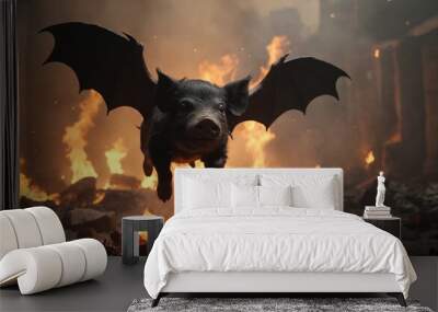 A pig with bat wings flies in front of a fiery backdrop Wall mural