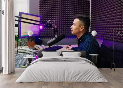 a radio host conducts a live broadcast in a professional radio studio.  Wall mural