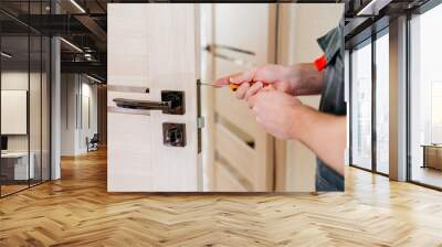 a repairman repairs the door. handyman service. Wall mural