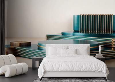 A variety of blue and gold objects arranged on a wooden surface Wall mural