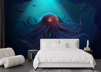 Abstract background giant squid. Intricate illustration showcasing the awe-inspiring presence of a giant squid in a mesmerizing composition. Generative AI. Wall mural