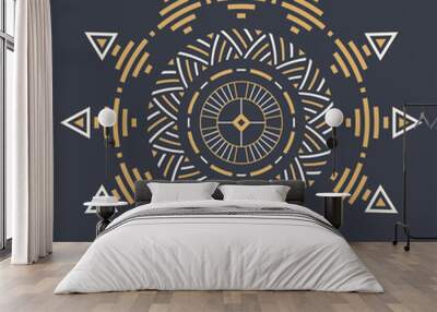 Abstract circular ornament. Ethnic mandala. Stylized sun symbol. Rosette of geometric elements. Tribal ethnic motif. Color print. Round  pattern. Decorative vector design element. Wall mural