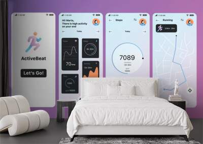 Activity tracking app concept in flat design. An in-depth look at the ActiveBeat fitness app, showing UI elements for tracking various fitness and health metrics. Vector Illustration. Wall mural