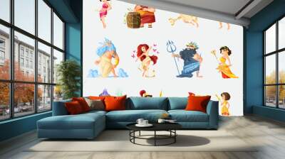 Ancient greek gods cartoon figures sets with dionysus zeus poseidon aphrodite apollo athena vector illustration Wall mural