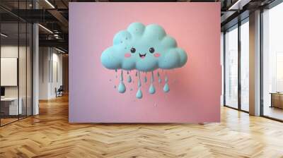 Animated cloud with a face raining electric blue and magenta drops in the sky Wall mural