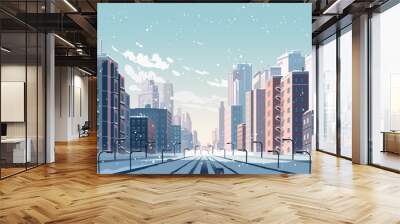 Background winter in the city. A fascinating illustration showing the winter atmosphere of a city with a snowy road surrounded by tall buildings. Vector illustration. Wall mural