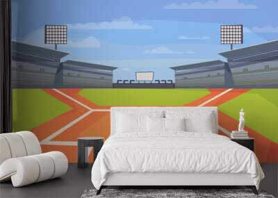 Baseball stadium view, banner in flat cartoon design. Sports center field for game, base, spotlights, stands with seats for spectators. Competitions concept. Vector illustration of web background Wall mural