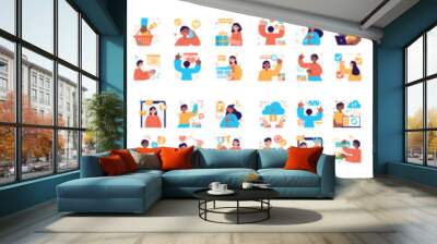 Big bundle of color concepts with people scene in flat cartoon design. Startup, cyberspace and many other topics are depicted in this collection with yellow, blue and red colors. Vector illustration. Wall mural