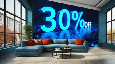 Bright blue discount percentage sign with 30% off on dark digital background with copy space Wall mural