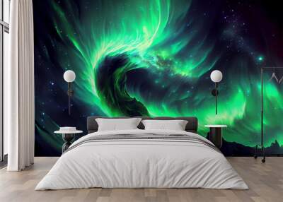 Bright green Aurora borealis over mountains. Wall mural