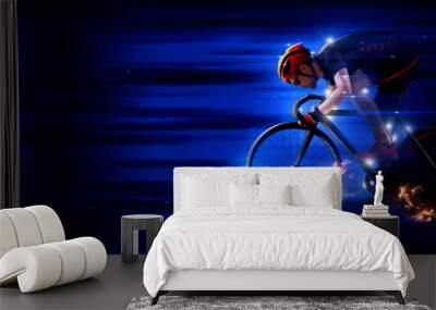 Man racing cyclist on dark background. Sports banner Wall mural