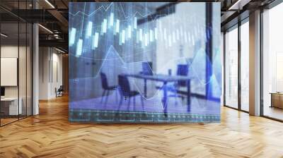 Business theme graph hologram with minimalistic cabinet interior background. Double exposure. Stock market concept. Wall mural