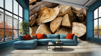 a stack of firewood for heating prepared for the winter Wall mural