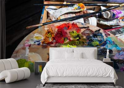 Artist's palette, close-up. Selective focus on the foreground. Background image Wall mural