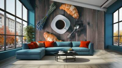 Continental breakfast background - pair of croissants. Rustic wo Wall mural