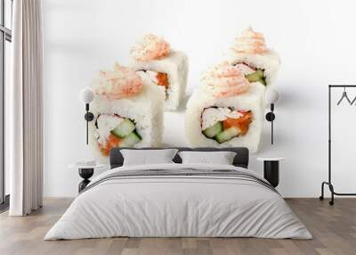 Fresh japanese sushi rolls on a white background Wall mural