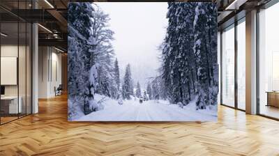 two people are walking in the distance along a snowy road in the forest Wall mural