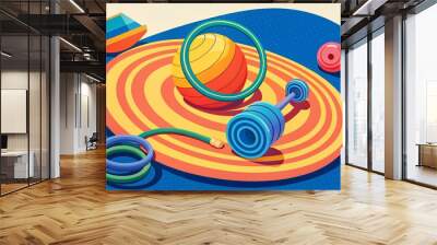 Colorful exercise equipment scattered on a gym floor Wall mural