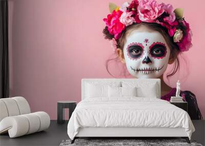 cute child girl with skull makeup on day of dead holiday isolated on colored background Wall mural