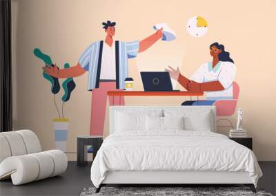 Deadline concept with people scene in the flat cartoon style. The boss reminds the employee about deadlines. Vector illustration. Wall mural