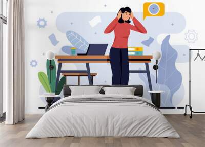 Deadline minimalistic concept with people scene in the flat cartoon style. Woman is worried because she did not have time to complete all the tasks.  illustration. Wall mural