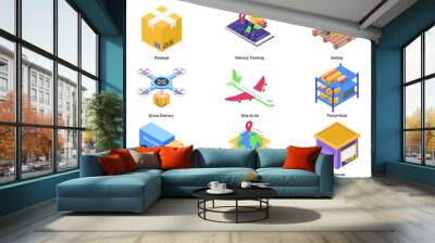 Delivery service concept 3d isometric icons set. Pack elements of package, tracking app, loading, flying drone, airplane, parcel rack, truck, warehouse. Vector illustration in modern isometry design Wall mural