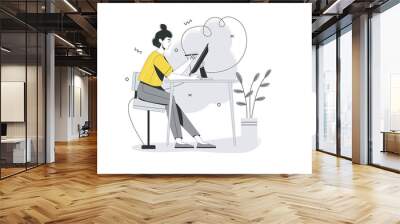 Design studio flat line concept. Woman illustrator drawing on graphics tablet and working on creative art project in office. Vector illustration with outline people scene for web banner design Wall mural