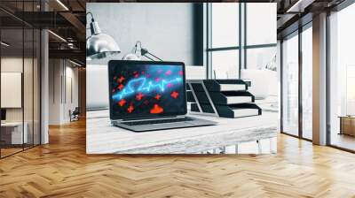 Desktop interior with human heart drawing on computer screen, table and chair. Concept of medical education. 3d rendering. Wall mural