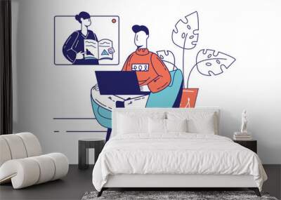 Distance learning concept in flat line design for web banner. Student watching video lecture or webinar at laptop, online education, modern people scene. Illustration in outline graphic style Wall mural