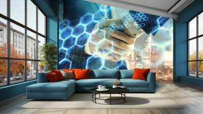 Double exposure of abstract technology drawing on cityscape background with two businessmen handshake. Concept of tech role in business Wall mural