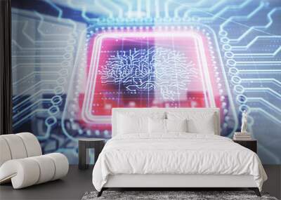 Double exposure of brain drawing hologram on conference room background. Concept of data analysis Wall mural