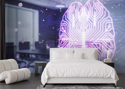 double exposure of brain drawing hologram on conference room background. concept of data analysis Wall mural