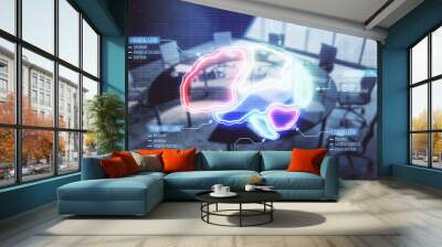 Double exposure of brain drawing on conference room background. Concept of education Wall mural