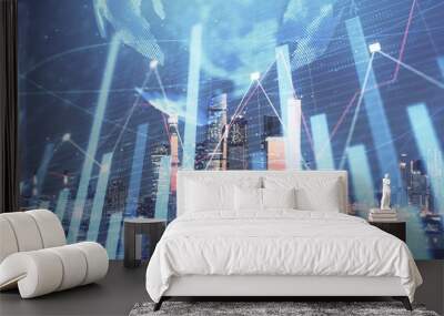 Double exposure of financial graph and world map on city veiw background. Concept of financial market research and analysis Wall mural