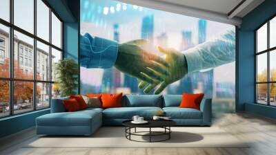 Double exposure of financial graph on cityscape background with two businessman handshake. Concept of stock market deal Wall mural