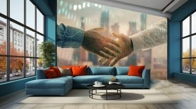 Double exposure of financial graph on cityscape background with two businessman handshake. Concept of stock market deal Wall mural