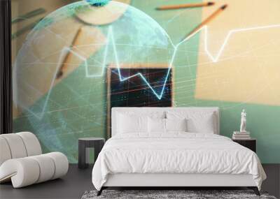 Double exposure of forex chart and world map on digital tablet laying on table background. Concept of market analysis Wall mural