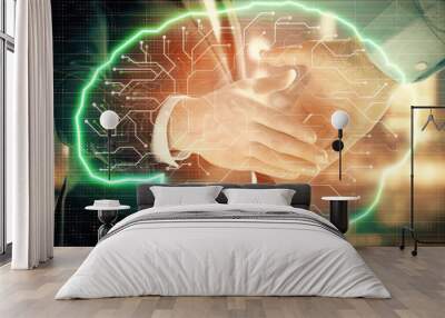 Double exposure of human brain drawing on city view background with handshake. Concept of brainstorm Wall mural